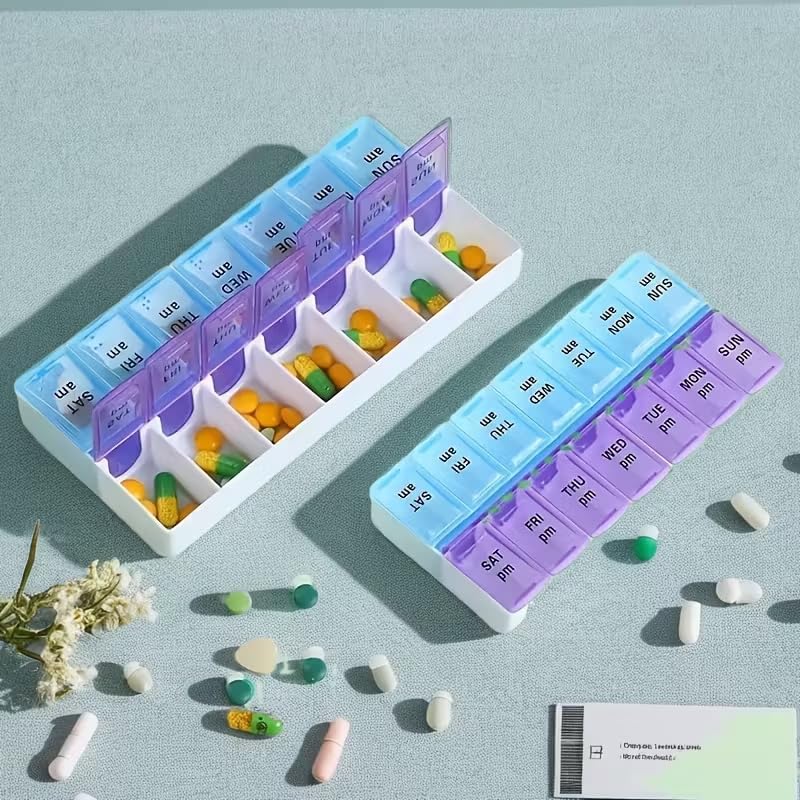 7-Day Pill Organizer, 14 Compartment Double Row Large Capacity Weekly Pill Box, Portable Easy Open Lid Medicine Storage Case for Pills, Vitamins, Supplements – Compact Travel Design