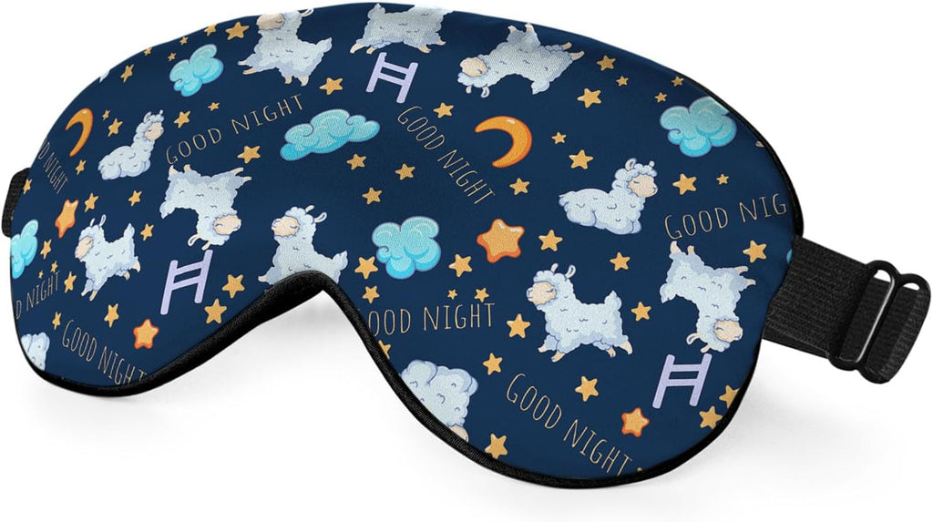 Cute Sheep Sleep Eye Mask Good Night Moon Clouds Stars Silk Eye Mask Sleeping Soft Eye Shade Cover for Men Women Boy Girl Airplane Travel with Elastic Strap