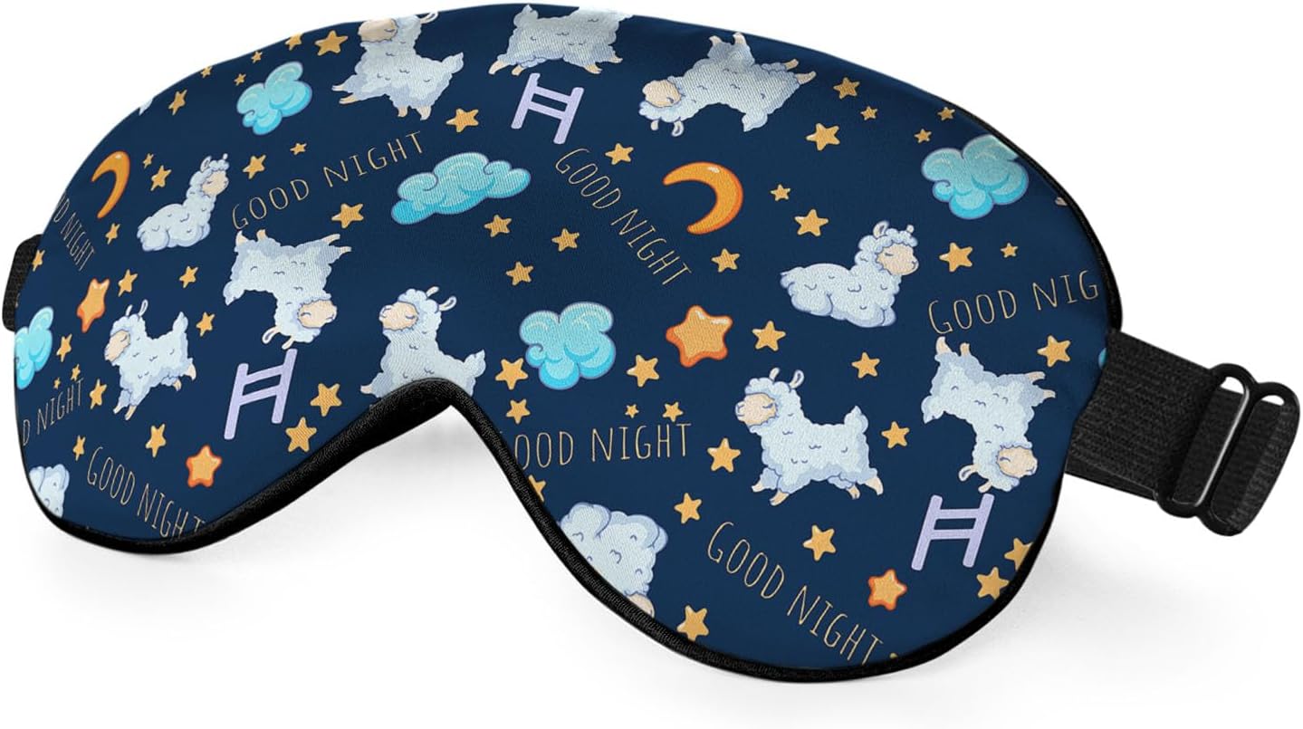 Cute Sheep Sleep Eye Mask Good Night Moon Clouds Stars Silk Eye Mask Sleeping Soft Eye Shade Cover for Men Women Boy Girl Airplane Travel with Elastic Strap