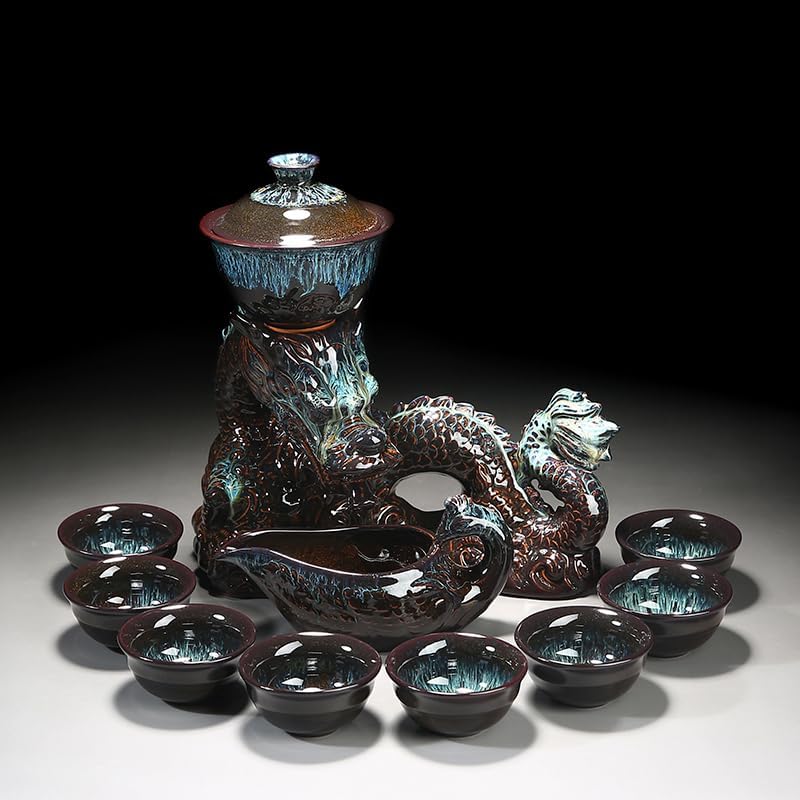 Chinese Gongfu Tea Set - Ceramic Teapot with Infuser, 8 Cups, Semi Automatic Dragon Design for Loose Leaf Tea
