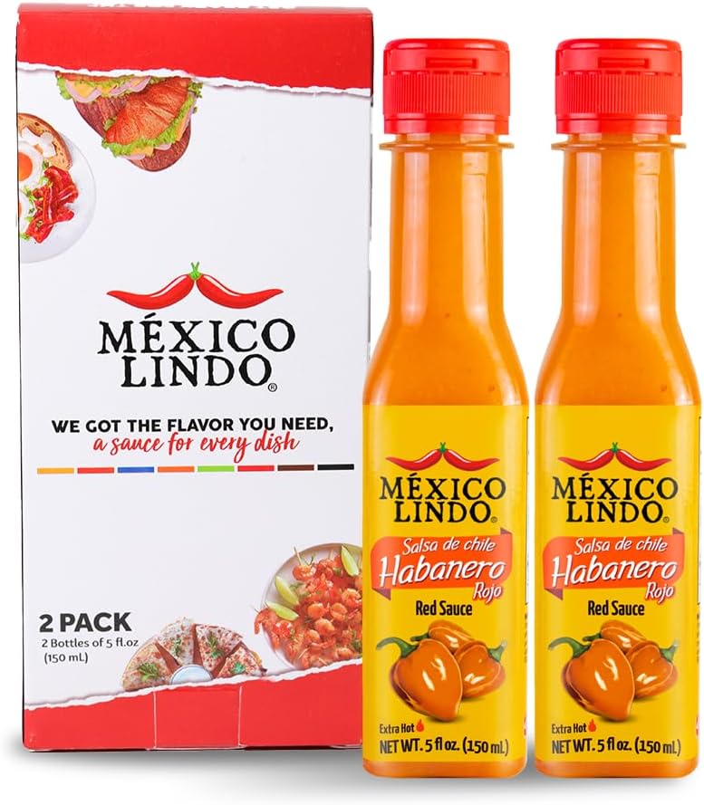 Mexico Lindo Red Habanero Hot Sauce, Real Red Habanero Chili Pepper, 78,200 Scoville Level, Enjoy with Mexican Food, Seafood & Pasta, 5 Fl Oz Bottles (Pack of 2)