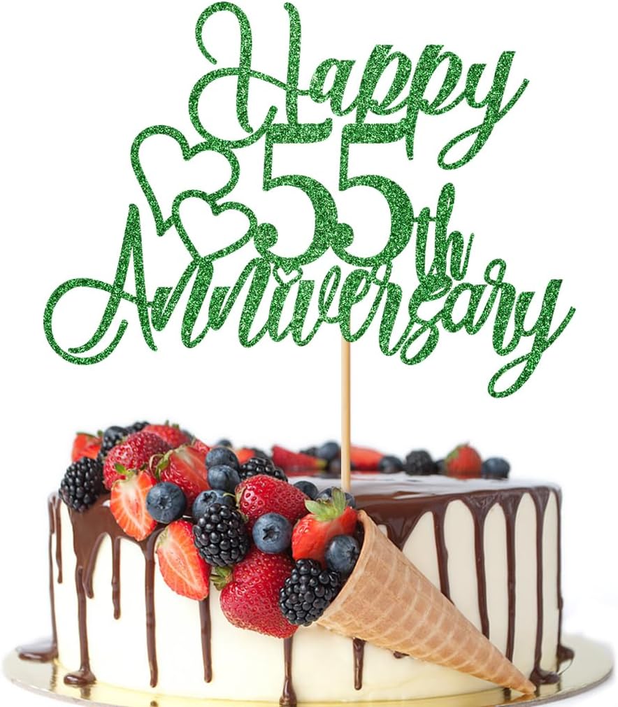 55th Anniversary Cake Topper，Company 55 Anniversary Party Decorations,55th Birthday/Wedding Anniversary/Emerald Wedding Party Decoration Supplies Green Glitter