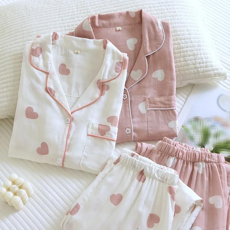 REHJJDFD Women's Cotton Gauze Homewear Pajama Suit Casual Printed 2Pcs Turn Down Collar Nightwear Pijamas