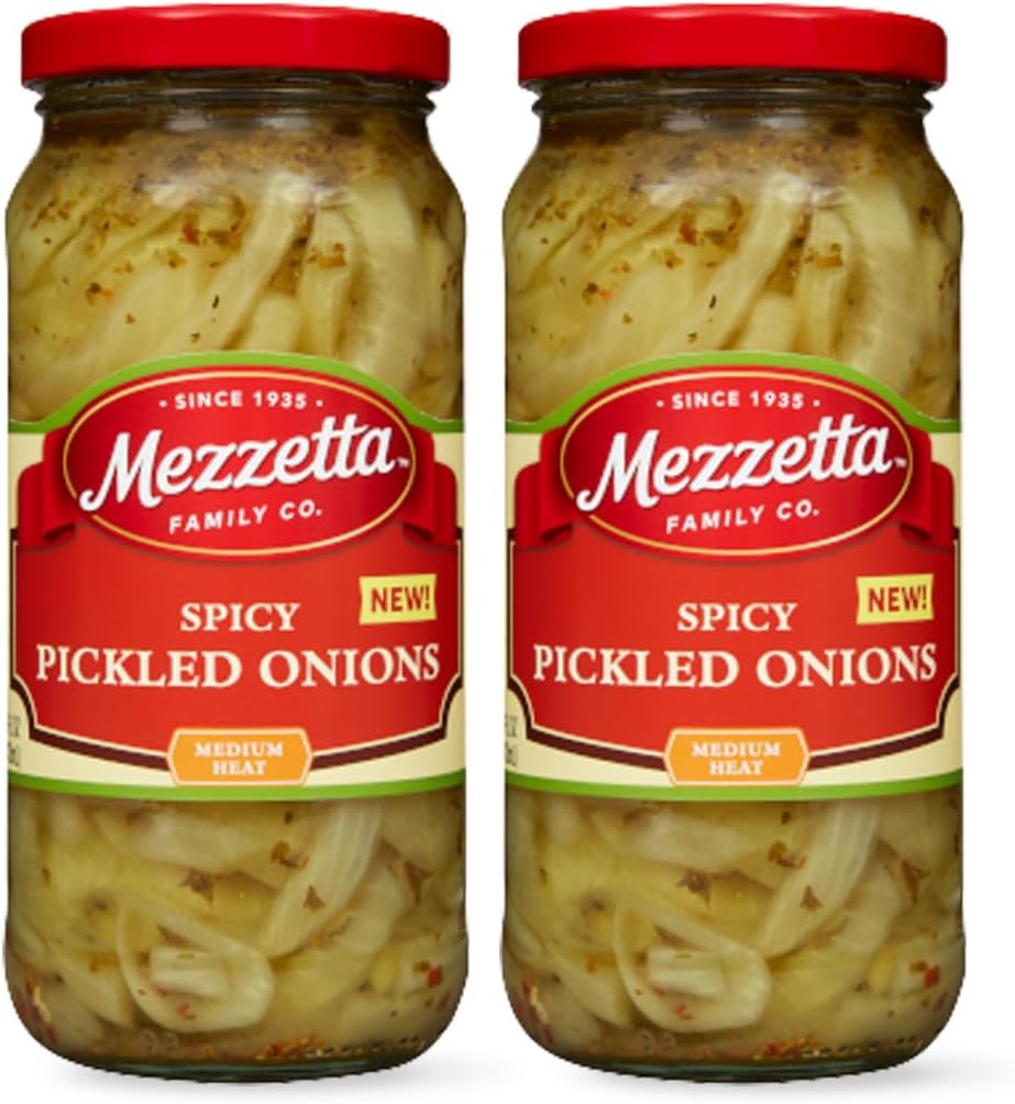 Mezzetta Spicy Pickled Onions - Crunchy Yellow Onion Marinated in Vinegar, Oregano & Chilies - Perfect for Burgers, Tacos, Sandwiches - Fresh Flavorful - Elevate Your Dishes - 16 Oz Jar - Pack of 2