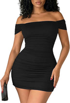 HBQ Women's Ruched Bodycon Dress Summer Off The Shoulder Sexy Cocktail Club Party Mini Dresses