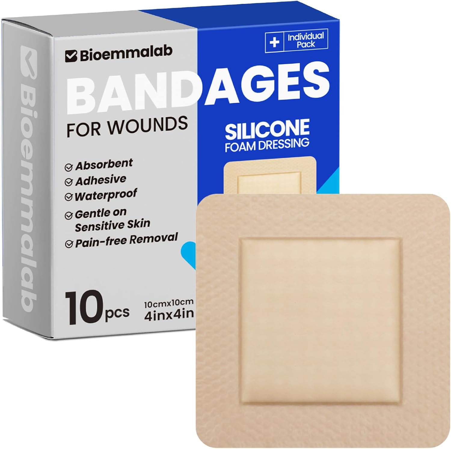 Large Waterproof Bandages 4x4 Silicone Foam Dressing for Sensitive Skin Wound Care, Adhesive Cohesive Pad with Border for First Aid, 10 PCS, Post Surgical and Trauma Care, Burn