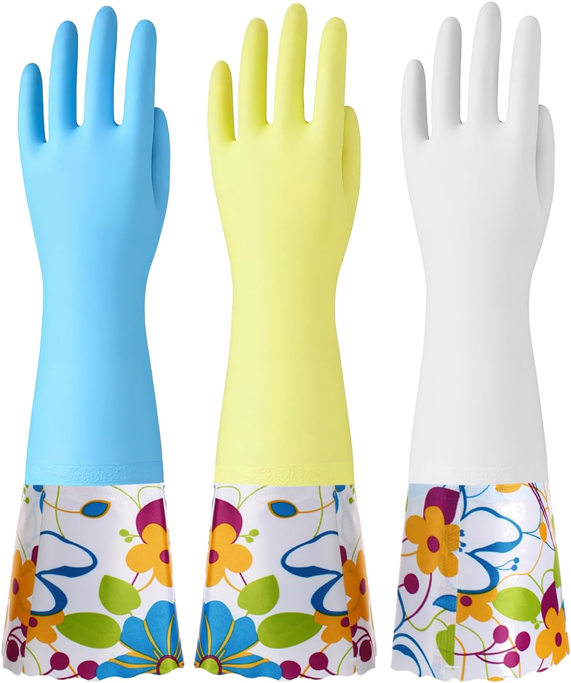 Bamllum 3 Pairs Rubber Cleaning Gloves, Household Kitchen Dishwashing Gloves with Cotton Flocked Liner, Long Cuff 16 Inches (Blue+Yellow+White, Medium)