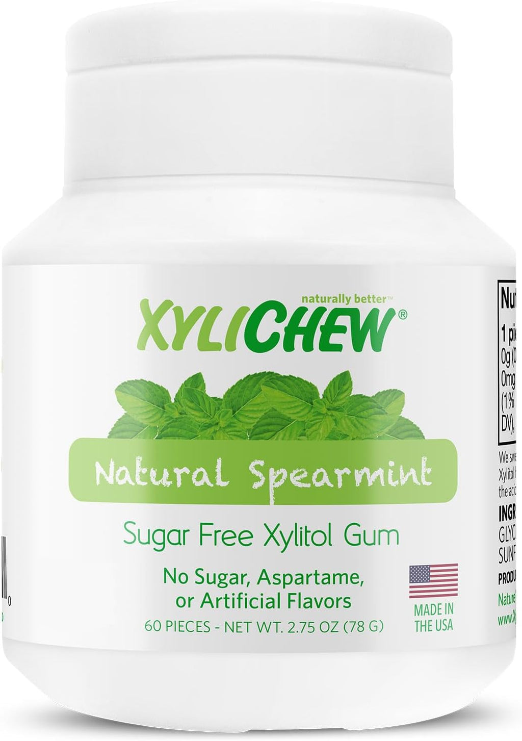 Xylichew Xylitol Gum - Chewing Gum Sugar Free, Aspartame Free, Gluten Free, Keto - Sugarless, Healthy, Natural Oral Care - Relieves Bad Breath and Dry Mouth - Spearmint, 60 Count