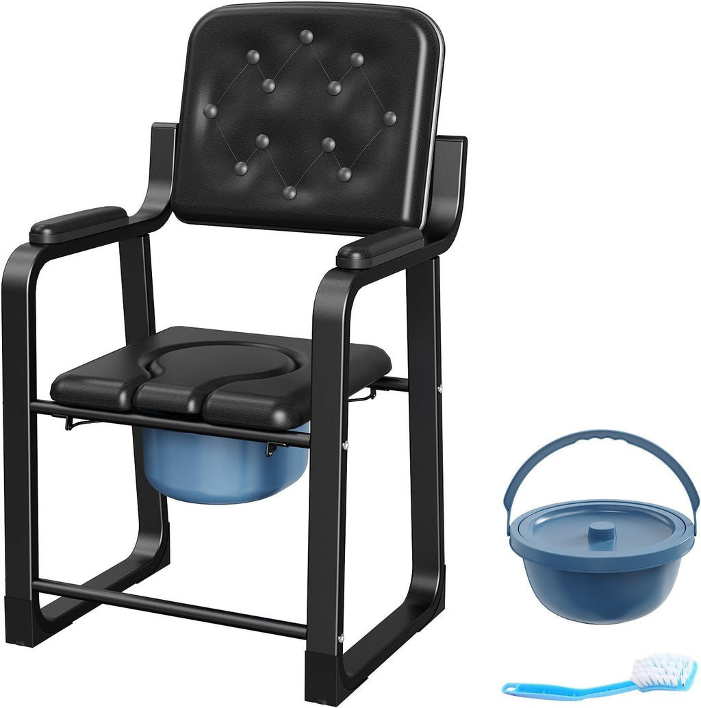 Heavy Duty Bedside Commode Chair, High Backrest PU Leather Armchair with Extra Soft Padded Cushion, Elderly Safety Toilet Seat for Living Room Bedroom, Supports up to 350lbs (Black)