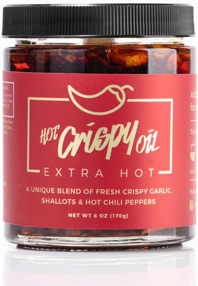 Hot Crispy Oil- Fried garlic, shallots, chili peppers and spices. Flavor bomb, Chili Crisp, Hot Sauce, Chili Oil,