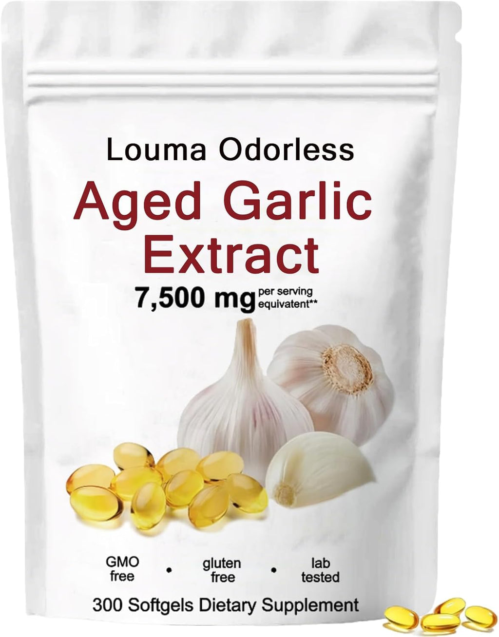 1PCSLouma Odorless Aged Garlic, Aged Garlic Extract - 300 Count 7500mg 24 Month Organic Aged Garlic Supplement- Non-GMO,Vegetarian (1PCS)