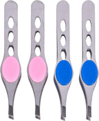 Minkissy 4Pcs Eyebrow Tweezers Stainless Steel Slant Tip Tweezer Eyebrow Shaping Facial Hair Beard Remover Hair Plucker for Men Women Ingrown Hair Splinter Pink Blue