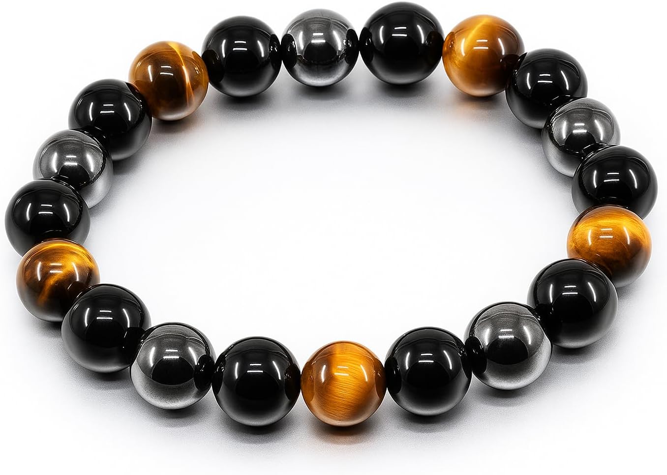 Handmade Triple Protection Bracelet – Tiger Eye, Hematite & Obsidian 8mm Natural Crystal Beads, Healing Natural Stones for Strength, Energy & Balance, Men & Women, 7.48 Inches – Supports Chakra Healing