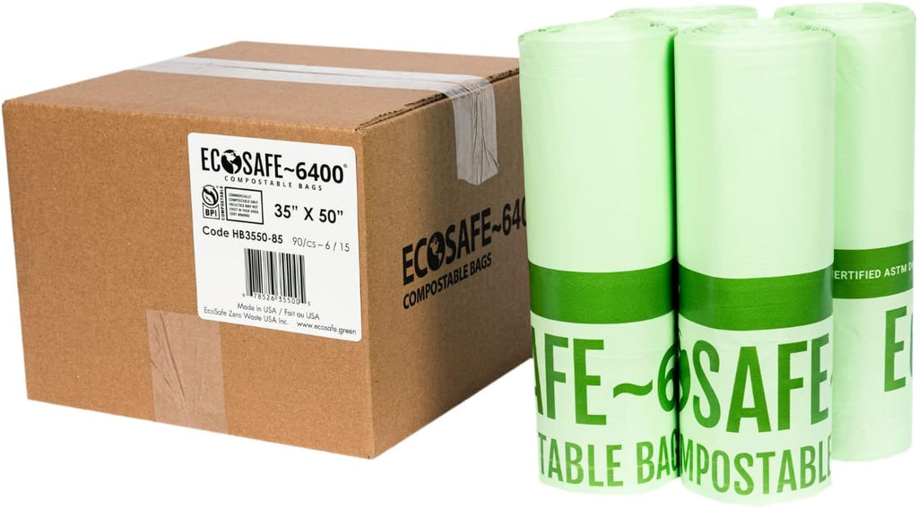 EcoSafe-6400 HB3550-85 Certified Compostable Bag - 35x50” Green Bags for 45 Gallon Bin - Extra Strong Leak, Puncture and Tear Resistant Food Scraps Bin Liners, Pack of 90