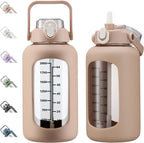 kytffu 84oz Glass Water Bottle with Straw, 2.5 Liter Large Water Bottle with Silicone Sleeve and OZ Marker, Wide Mouth Gallon Glass Bottle with 2-in-1 Lid, Leakproof Water Jug for Gym Home, Amber