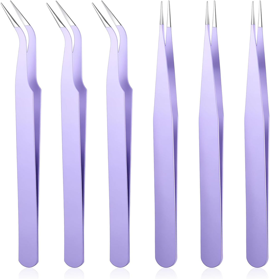 JJUNW 6 Pcs Lash Cluster Tweezers, Stainless Steel Curved Craft Tweezers Straight And Curved Tip, Purple Eyelash Tweezer For Eyelash Extensions, Diy Crafts, Nail Art, Scrapbooking, Jewelry Making