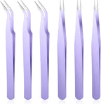 JJUNW 6 Pcs Lash Cluster Tweezers, Stainless Steel Curved Craft Tweezers Straight And Curved Tip, Purple Eyelash Tweezer For Eyelash Extensions, Diy Crafts, Nail Art, Scrapbooking, Jewelry Making