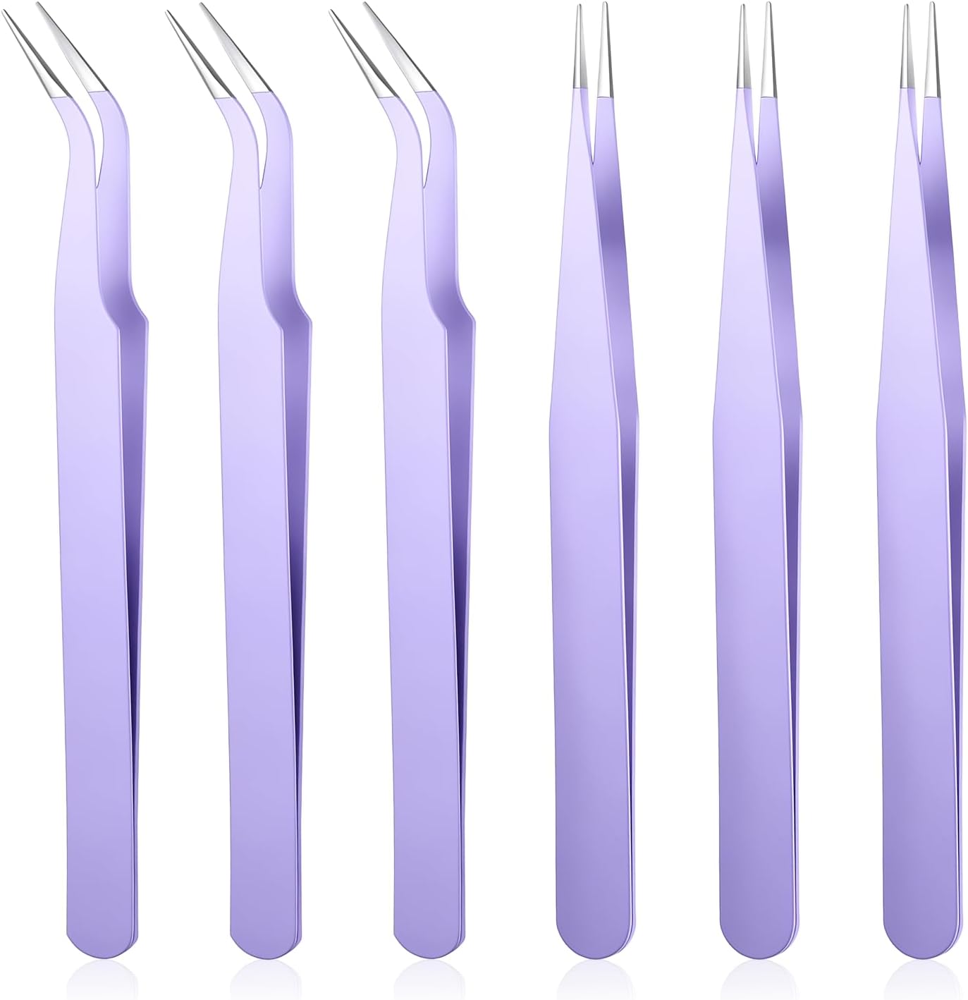 JJUNW 6 Pcs Lash Cluster Tweezers, Stainless Steel Curved Craft Tweezers Straight And Curved Tip, Purple Eyelash Tweezer For Eyelash Extensions, Diy Crafts, Nail Art, Scrapbooking, Jewelry Making
