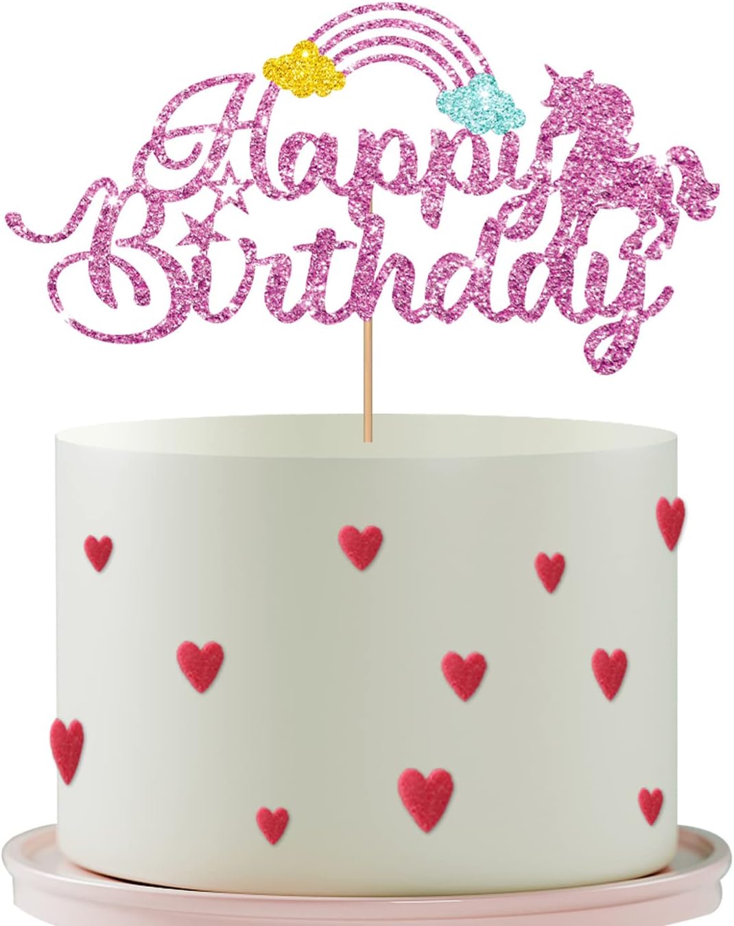 Unicorn Rainbow Cake Topper - Baby Girl's 1st Birthday Decor - Pink Glitter