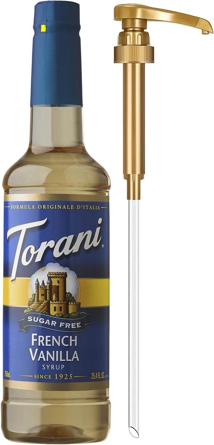 Torani Sugar Free Coffee Syrup, French Vanilla Flavored Syrup for Drinks, Zero Calorie, Pump Included, 25.4 Fl Oz