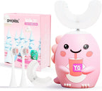 Kids U Shaped Electric Toothbrush with 4 Brush Heads, Sonic Toothbrush Kids with 5 Modes, Cartoon Dinosaur 360-Degree Cleaning IPX7 Waterproof Design (2-6 Age (Pink))