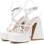 Women's Platform Chunky High Heels 15cm /6in Square Open Toe Ankle Strap Block Trapezoidal Heel Super Stable Sandals