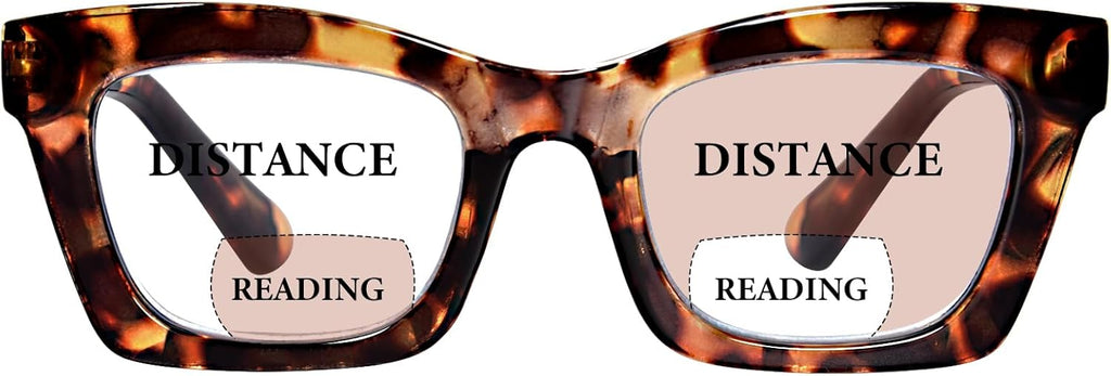 Bifocal Reading Glasses for Women Oversized Square Frame Clear Top Bifocal Readers for Women Blue Light Blocking Computer Readers with Spring Hinges (Brown Tortoise, 2.5)