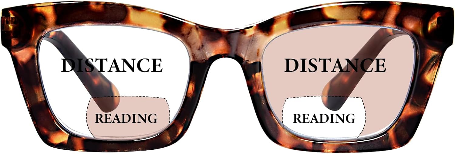 Bifocal Reading Glasses for Women Oversized Square Frame Clear Top Bifocal Readers for Women Blue Light Blocking Computer Readers with Spring Hinges (Brown Tortoise, 2.5)