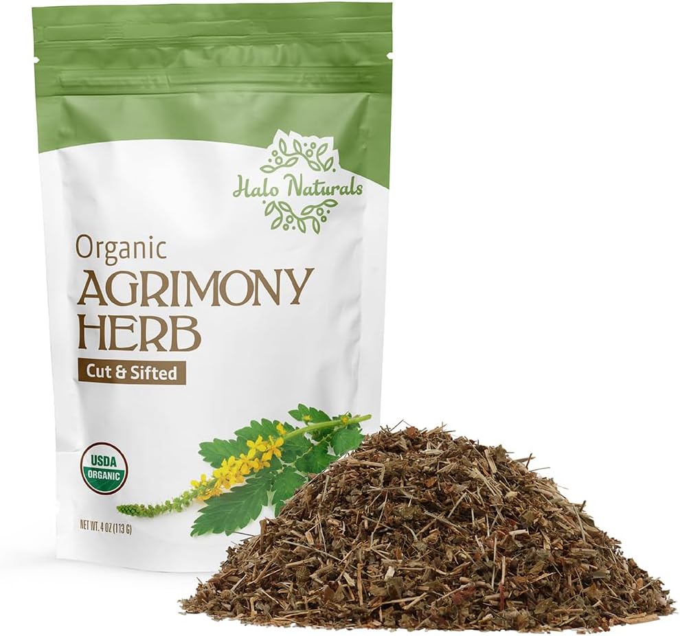 Halo Naturals Organic Agrimony Herb Cut & Sifted, 4 Ounces (Agrimonia eupatoria) USDA Certified | Resealable Pouch| Packaged in The USA