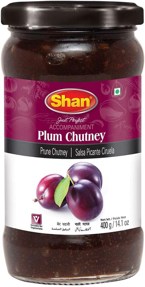 Shan Plum Chutney 14.1 oz (400g) - Tasty Accompaniment from Fresh Plum - Delicious and Zestful Dipping Sauce - Suitable for Vegetarians - Airtight Glass Jar