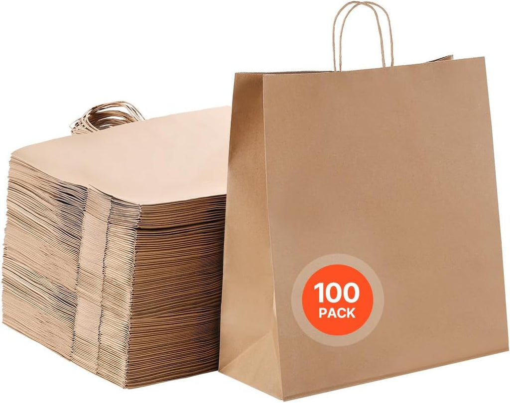 VEVOR Kraft Paper Bags with Handles, 100Pcs 18 x 7 x 19 in, Large Paper Grocery Bags, Reusable & 100% Recycled Take-Out Sacks, Plain Party Bag Bulk for Birthday, Wedding, Business, Goody, Brown