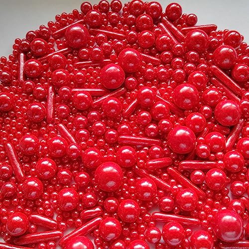 Edible Red Pearl Sugar Sprinkles Candy Mix Size Baking Edible Cake Decorations Cupcake Toppers Cookie Decorating Wedding Party Valentine Halloween Christmas Supplies 100g/3.53oz