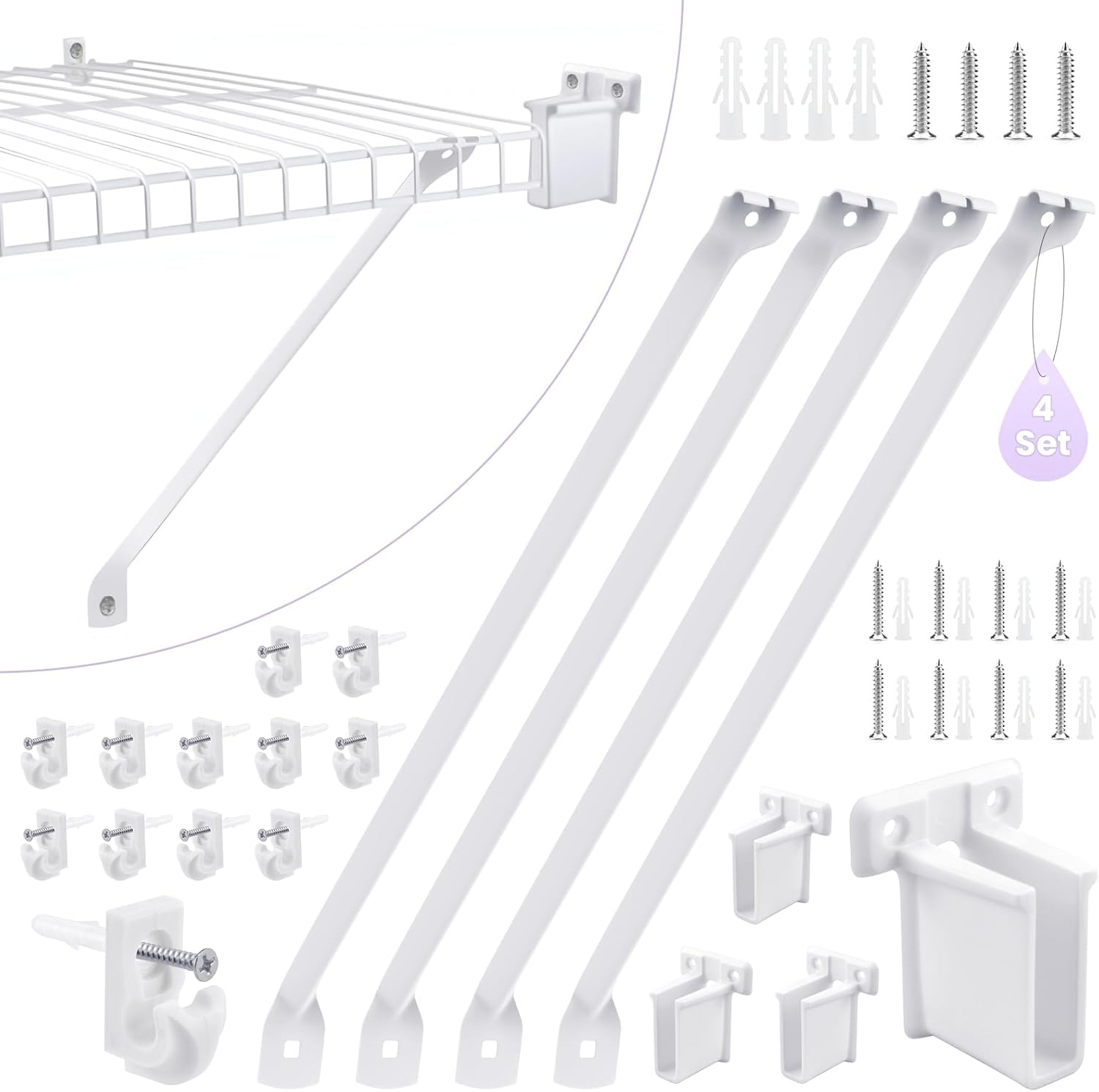 20Pcs 12 Inch Wire Shelf Brackets Kit, Includes Shelf Support and End Brackets Wire Shelf Clips with Anchors and Screws for Wardrobe Closet Wall Shelving Installation (4 Set)