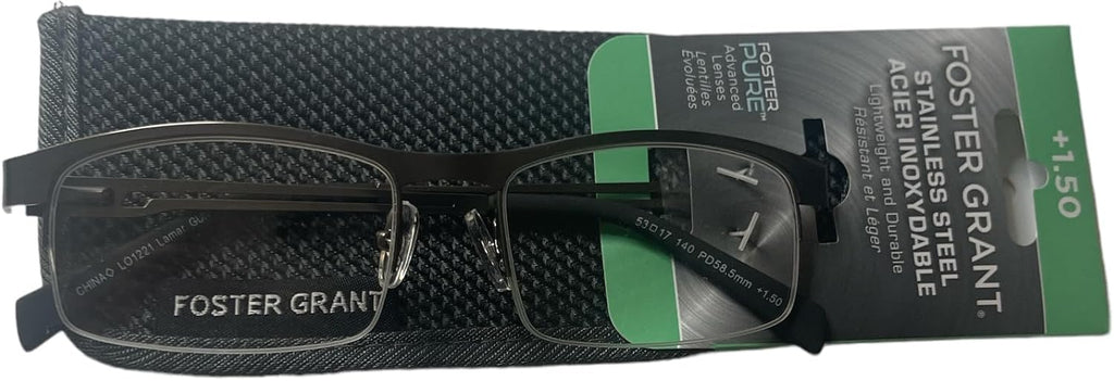 Foster Grant Reading Glasses Lamar. Rectangular gunmetal semi-rimless +1.50