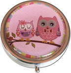 Pretty Pink Owls Silver Pill Box – Round 3-Compartment Metal Pill Organizer, Compact 2-Inch Travel Pill Case for Purse or Pocket