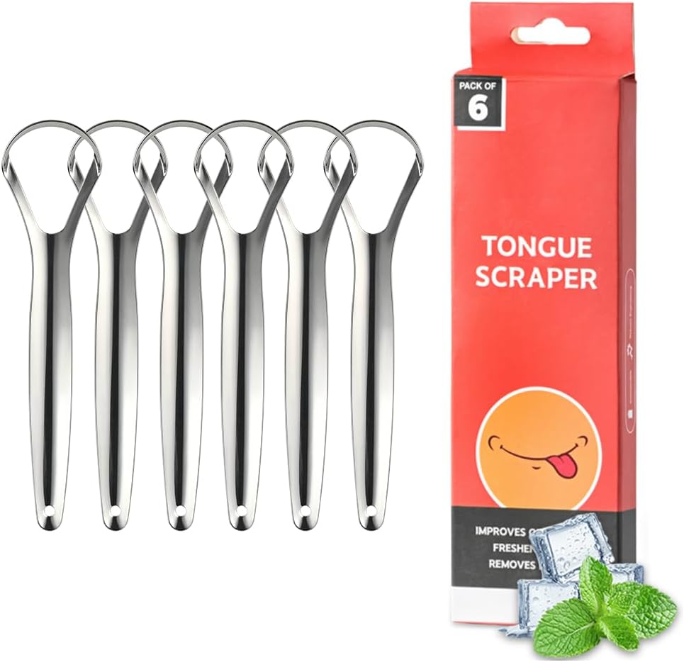 VIWIK 6 Pack Tongue Scraper for Adults, 100% Stainless Steel Tongue Cleaner - Hygienic Oral Care Tools, Bad Breath Remover Tongue Brusher