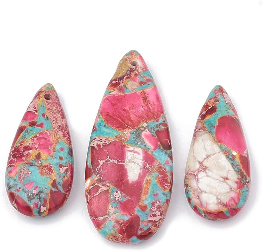 3 Pcs Synthetic Gemstone Pendants Turquoise and Imperial Sea Sediment Jasper Dyed Teardrop Jewelry Making Charms for Necklace Bracelet Earring Jewelry Making and Crafting 36-50x15-21x6-7mm, Hole: 1mm