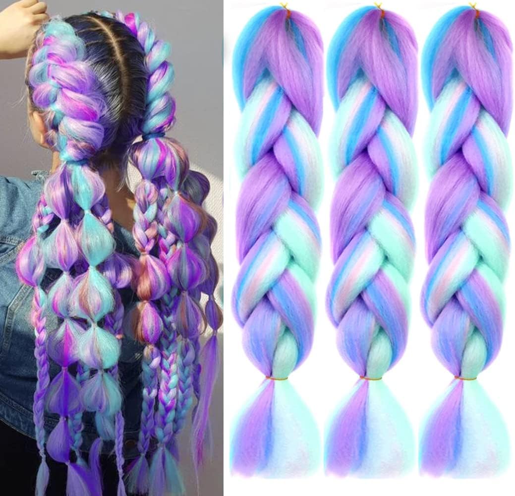 Ombre 4 Colors Mix Braiding Hair 3pcs Extensions Jumbo Hair Rainbow Color Colorful Twist Braid wigs Dreadlocks ( Pink /Purple/Green/Blue/ Light Cyan) (Lot 24Inch)
