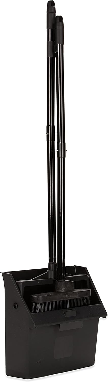 Carlisle FoodService Products Duo-Pan Lobby Broom and Dustpan Set – 36" Upright Broom with 2-Piece Handle and Pivoting Pan – Compact Commercial Floor Tool for Tight Spaces, Black