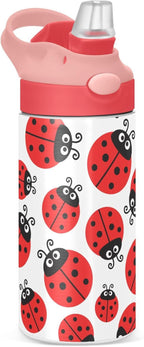Ladybugs Insect Red Kids Insulated Water Bottle, Toddlers Tumbler Travel Cup with Straw & Handle Stainless Steel Cup for Travel School Girls 12 oz