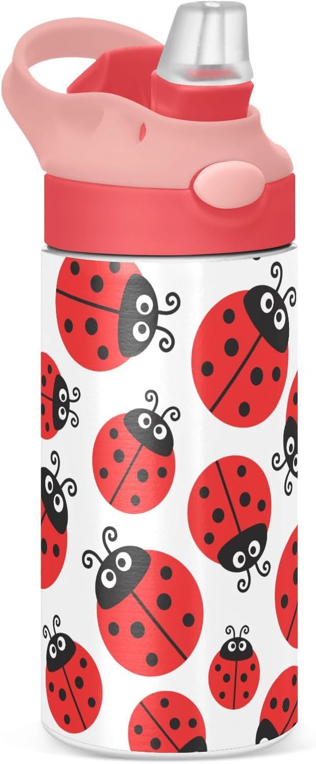 Ladybugs Insect Red Kids Insulated Water Bottle, Toddlers Tumbler Travel Cup with Straw & Handle Stainless Steel Cup for Travel School Girls 12 oz