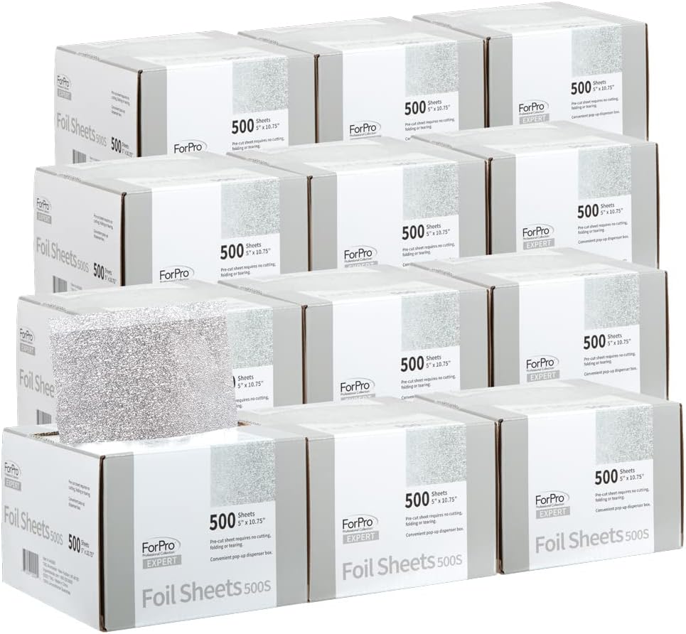 ForPro Professional Collection Expert Embossed Foil Sheets 500S, Aluminum, Pop-Up Foil Dispenser, Hair Foils for Color Application & Highlighting Services, Food Safe, 5” W x 10.75” L, (Pack of 12)