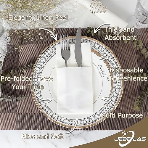 JEBBLAS Disposable Cloth Like Napkins, Built-in Flatware Pocket, Wedding Party Linen Feel White Napkin, Prefolded for Silverware,150 Count (150 Pack)