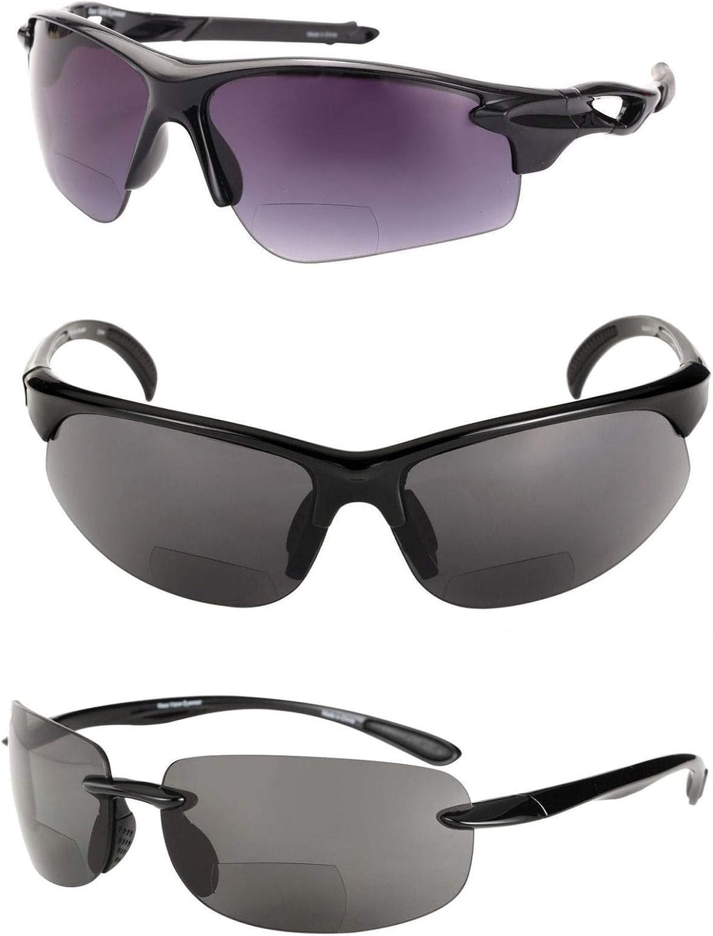 Mass Vision 'The Allstars' 3 Pair of our Most Popular Lightweight Bifocal Sport Wrap Unisex Reading Sunglasses