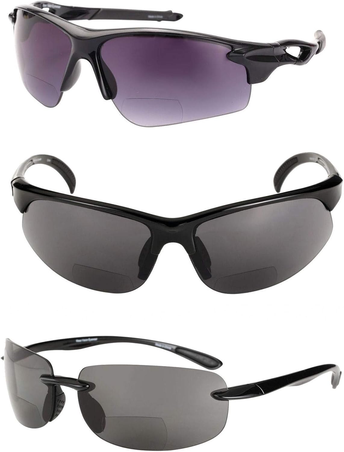 Mass Vision 'The Allstars' 3 Pair of our Most Popular Lightweight Bifocal Sport Wrap Unisex Reading Sunglasses