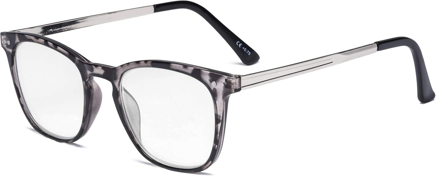 Eyekepper Readers Retro Square Plastic Frame Metal Arms Reading Glasses Grey DEMI +0.5