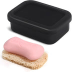 HighHerz Leak Proof Silicone Travel Soap Case with Draining Tray - Bar Soap Holder for Travel, Gym & Camping - Mess-Free Portable Soap Container for Carry-on Bags (Black)