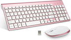 FENIFOX Keyboard and Mouse Wireless, USB 2.4GHz Combo Silent Quiet Low Profile Compact Full Size Flat Slim Thin Portable with Number Pad Soft Cover for PC Laptop Computer Office - Pink & Rose Gold