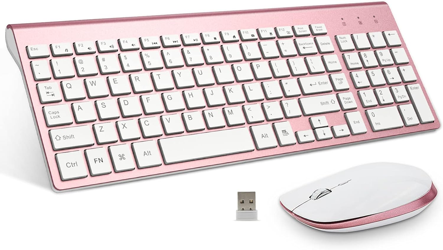 FENIFOX Keyboard and Mouse Wireless, USB 2.4GHz Combo Silent Quiet Low Profile Compact Full Size Flat Slim Thin Portable with Number Pad Soft Cover for PC Laptop Computer Office - Pink & Rose Gold
