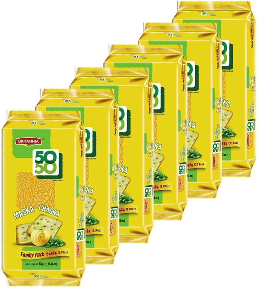 Britannia Crackers 50 50 Maska Chaska Biscuit 13.12oz (372g) - Dipped in Butter and Peppered - Delicious, Light & Crispy Cookies (Pack of 6)